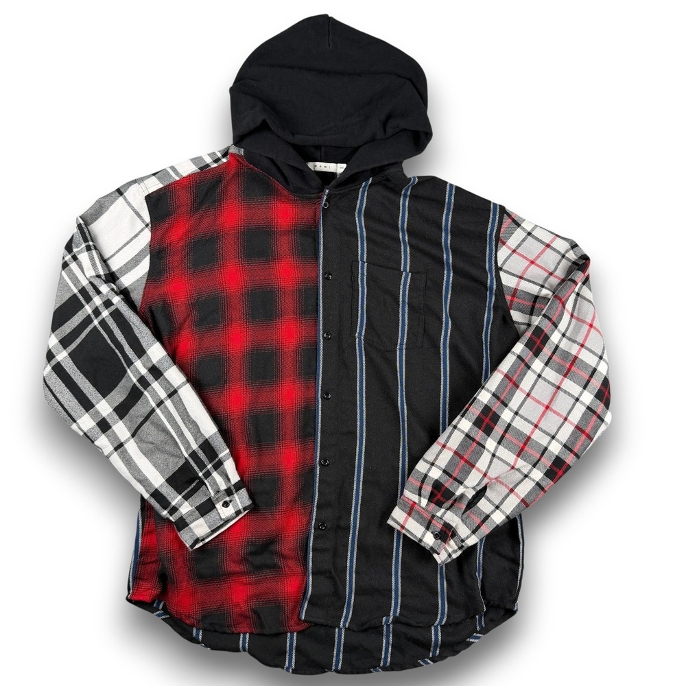 mnml Mismatched Flannel Hoodie Mens XXL Black Multi Color Plaid Stripe Patchwork